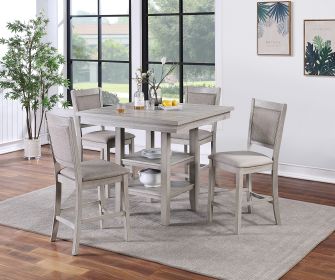 Dining Room Furniture Counter Height 5pc Set Square Table w Shelves Cushion Chairs Modern Contemporary Style