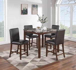 Classic Stylish Espresso Finish 5pc Counter Height Dining Set Kitchen Dinette Faux Marble Top Table and 4x High Chairs Faux Leather Cushions Seats Din